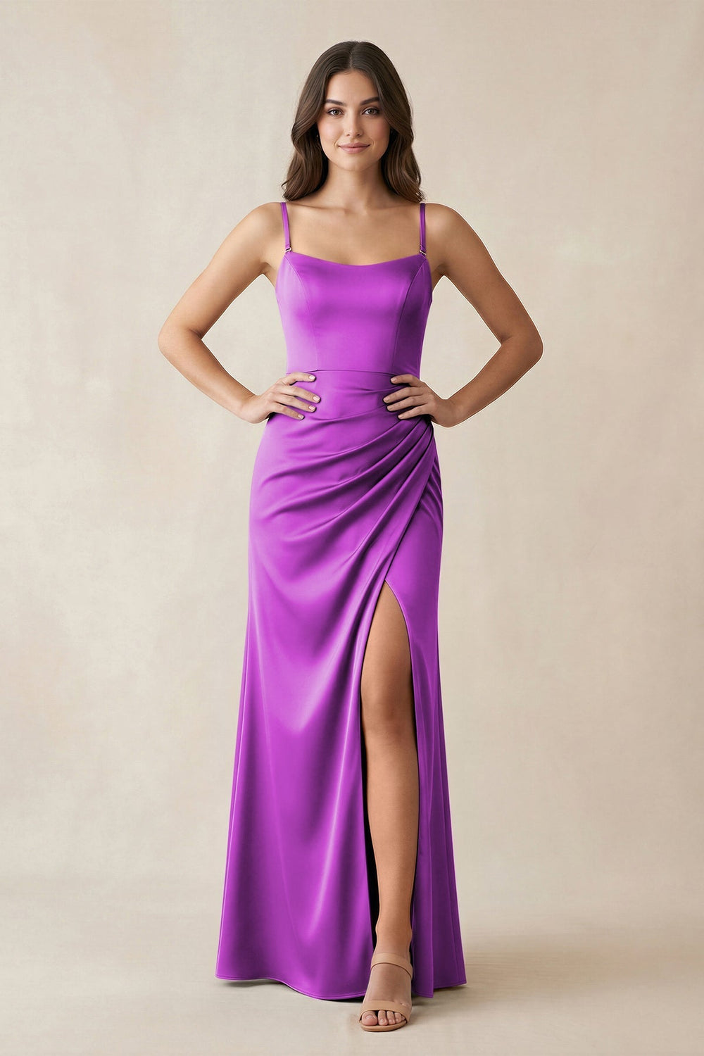 Spaghetti Strap Ruched Sheath Satin Bridesmaid Dress in Amethyst