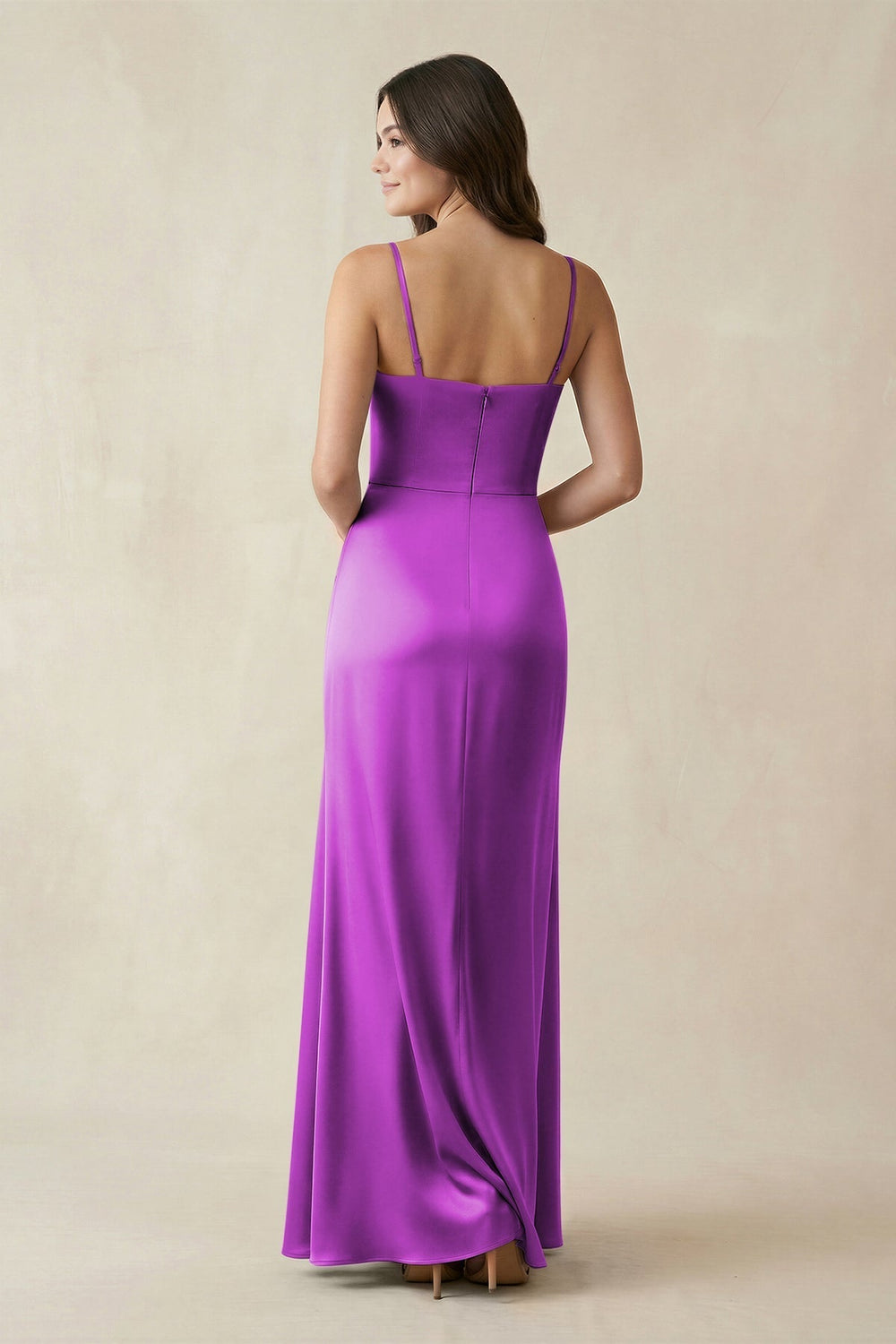 Spaghetti Strap Ruched Sheath Satin Bridesmaid Dress in Amethyst