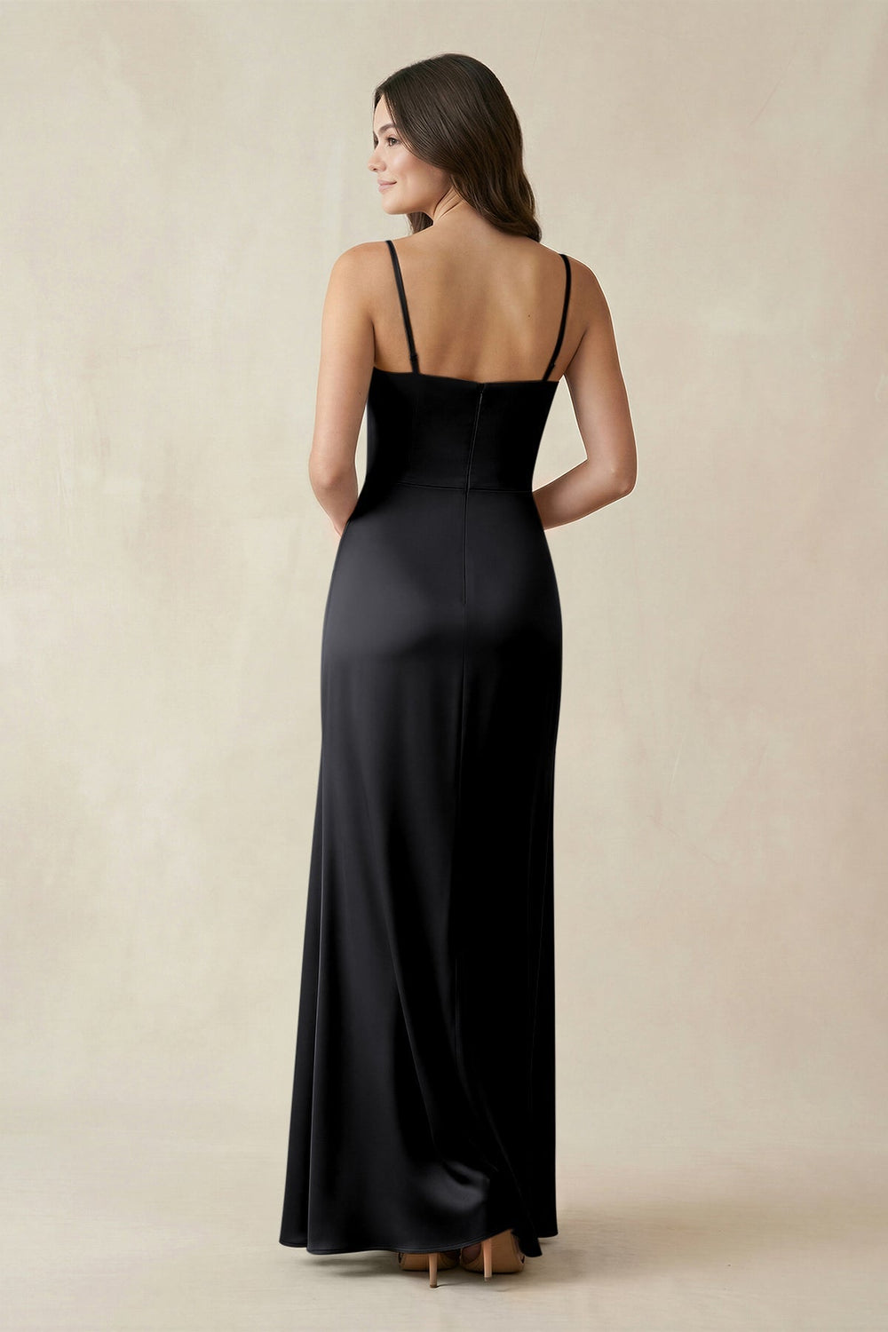 Spaghetti Strap Ruched Sheath Satin Bridesmaid Dress in Black