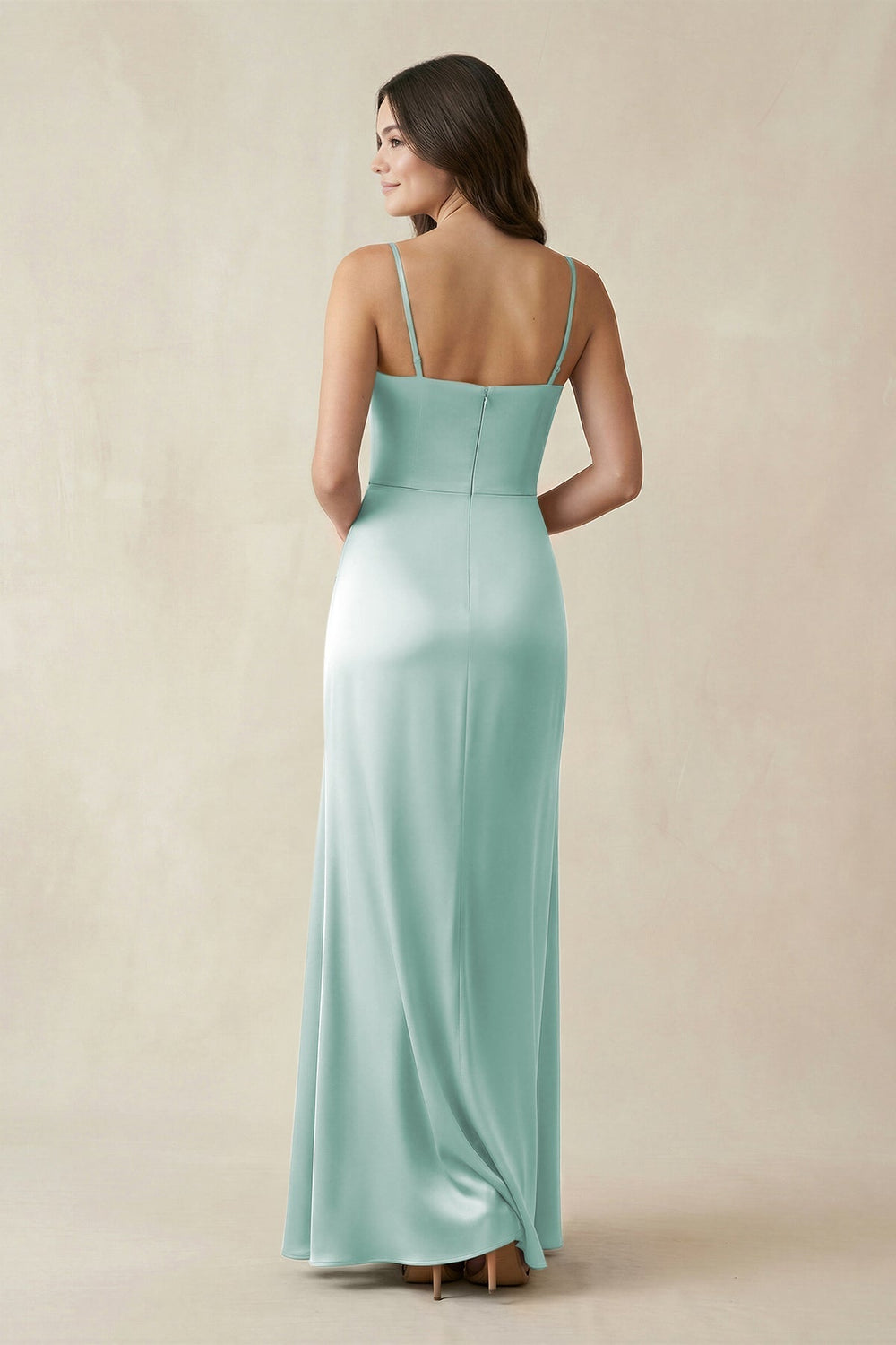 Spaghetti Strap Ruched Sheath Satin Bridesmaid Dress in Bleached Aqua