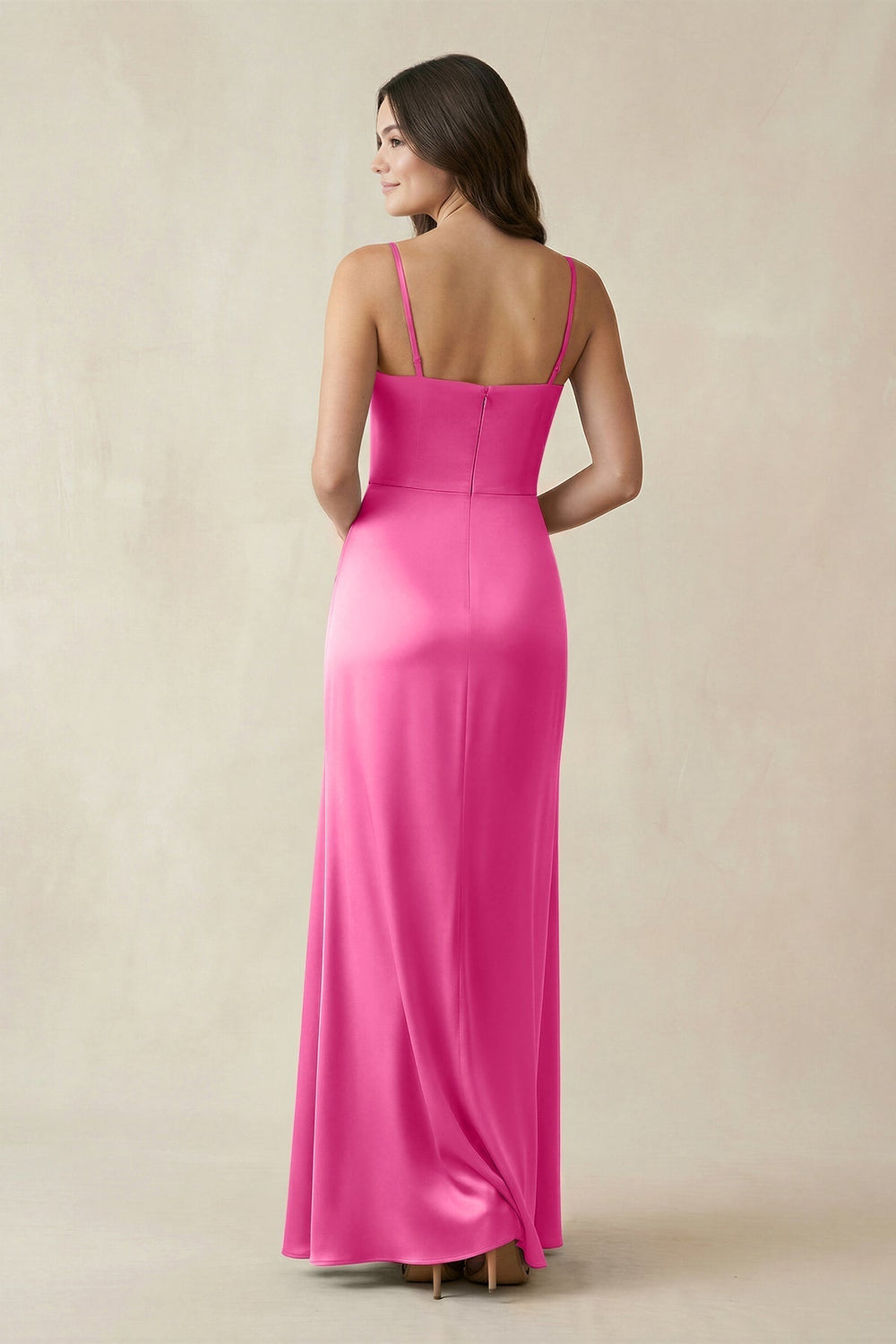 Spaghetti Strap Ruched Sheath Satin Bridesmaid Dress in Bon Bon Pink