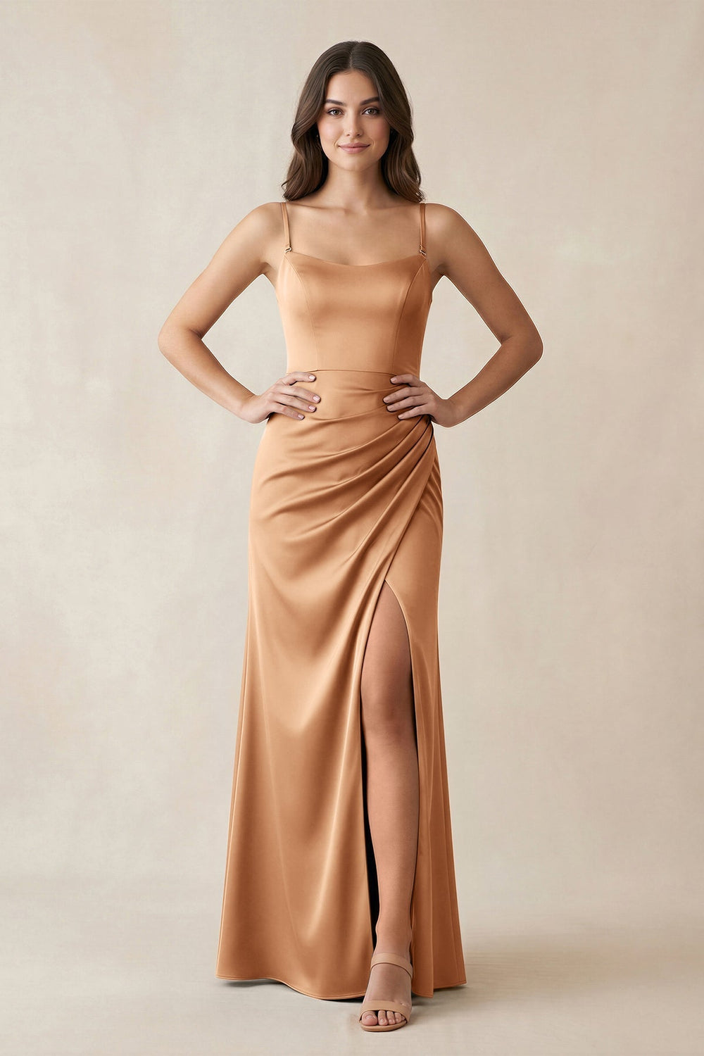 Spaghetti Strap Ruched Sheath Satin Bridesmaid Dress in Bronzer
