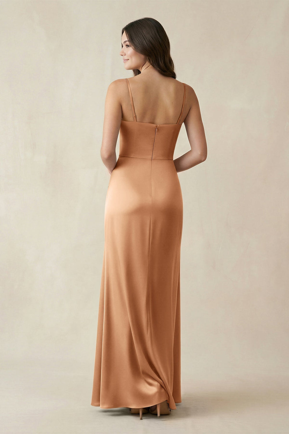 Spaghetti Strap Ruched Sheath Satin Bridesmaid Dress in Bronzer