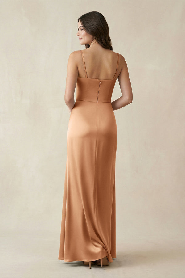 Spaghetti Strap Ruched Sheath Satin Bridesmaid Dress in Bronzer - KISS BRIDAL Bridesmaid Dresses