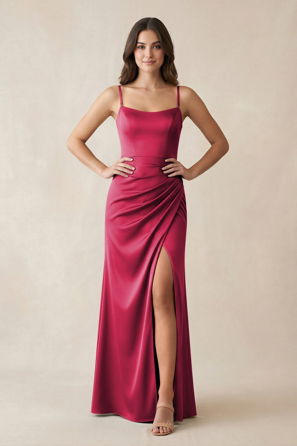 Spaghetti Strap Ruched Sheath Satin Bridesmaid Dress in Burgundy