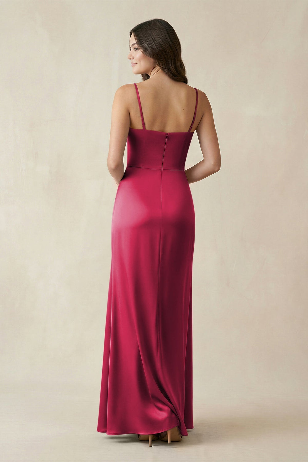 Spaghetti Strap Ruched Sheath Satin Bridesmaid Dress in Burgundy