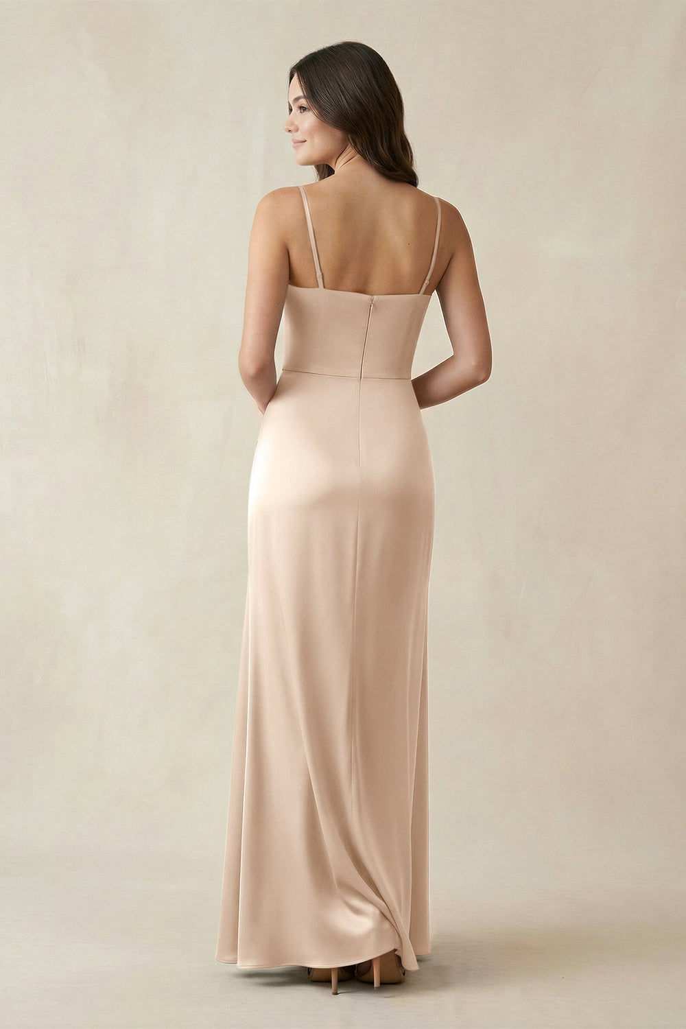 Spaghetti Strap Ruched Sheath Satin Bridesmaid Dress in Champagne