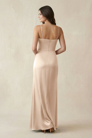 Spaghetti Strap Ruched Sheath Satin Bridesmaid Dress in Champagne - KISS BRIDAL Bridesmaid Dresses