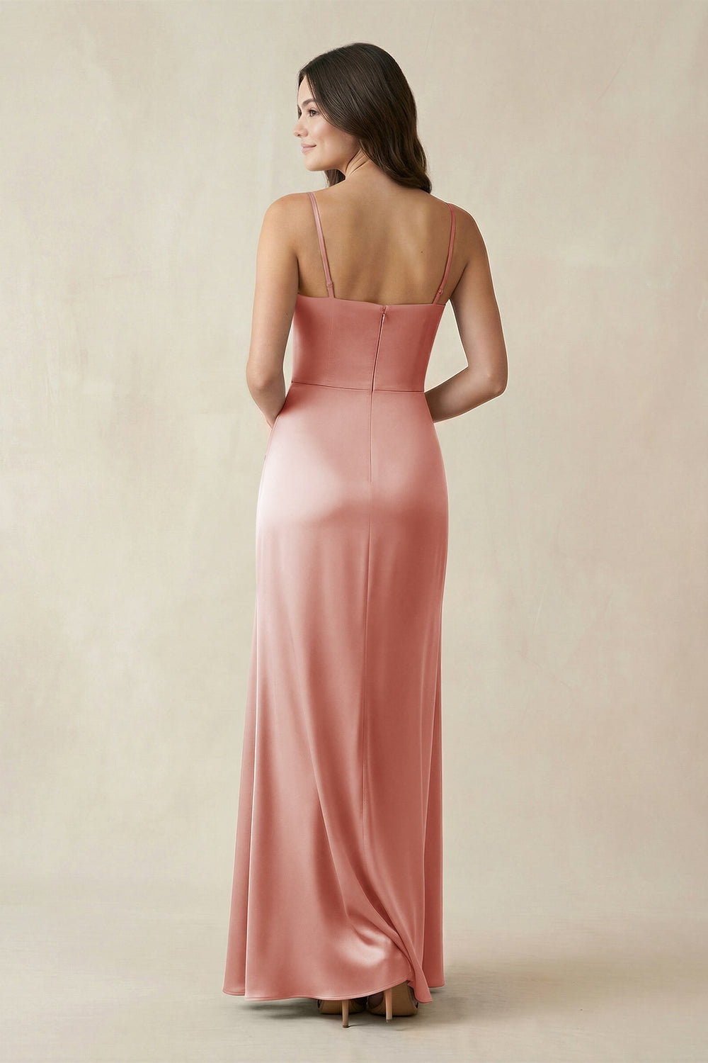 Spaghetti Strap Ruched Sheath Satin Bridesmaid Dress in Champagne Rose
