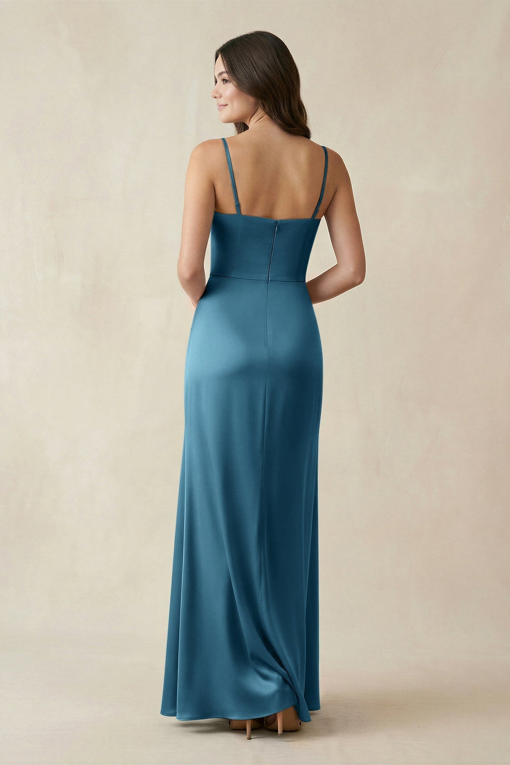 Spaghetti Strap Ruched Sheath Satin Bridesmaid Dress in Dark Teal