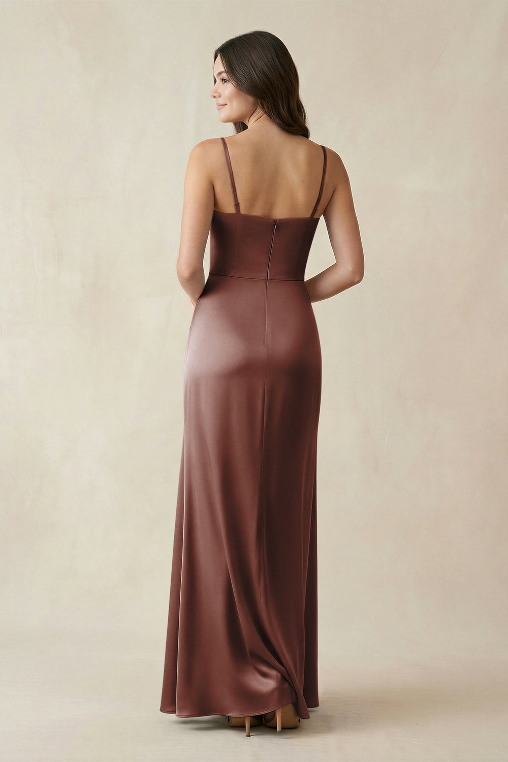 Spaghetti Strap Ruched Sheath Satin Bridesmaid Dress in Espresso