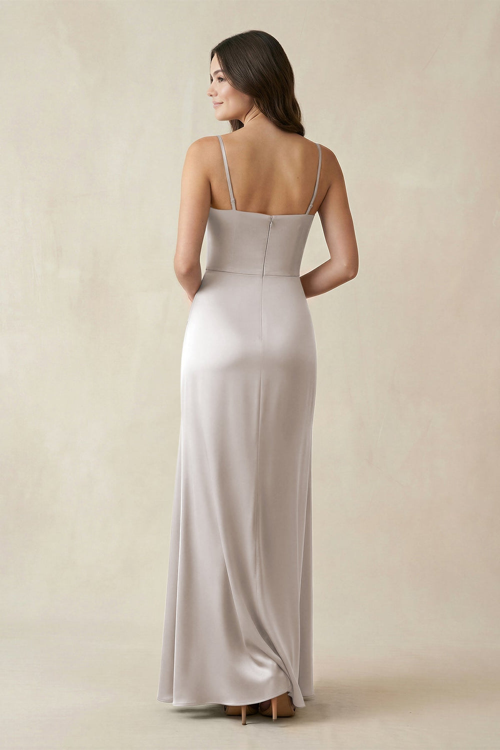 Spaghetti Strap Ruched Sheath Satin Bridesmaid Dress in Frost