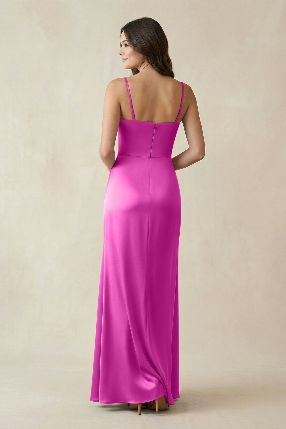 Spaghetti Strap Ruched Sheath Satin Bridesmaid Dress in Fuchsia