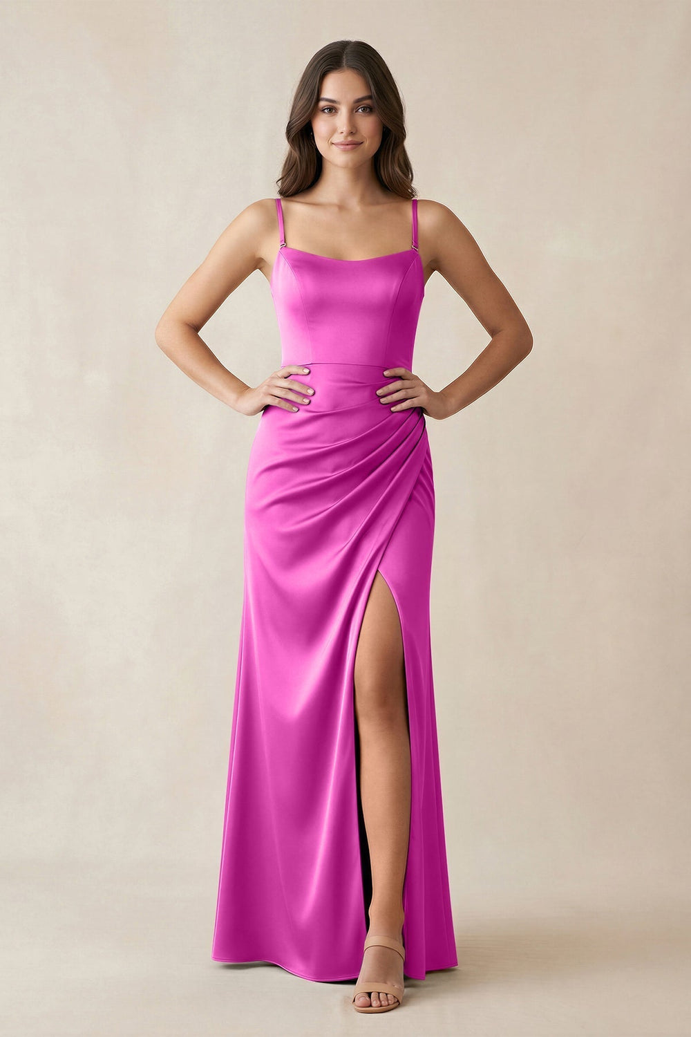 Spaghetti Strap Ruched Sheath Satin Bridesmaid Dress in Fuchsia