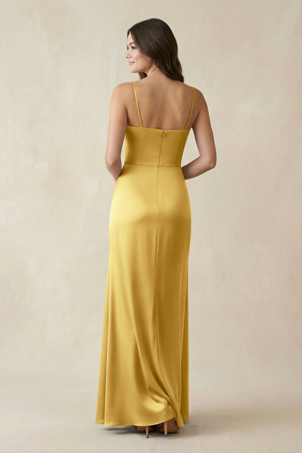 Spaghetti Strap Ruched Sheath Satin Bridesmaid Dress in Gold