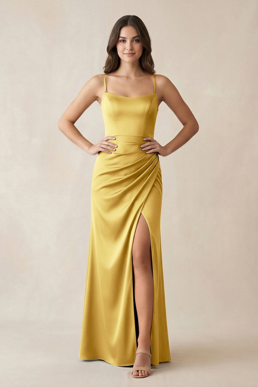 Spaghetti Strap Ruched Sheath Satin Bridesmaid Dress in Gold