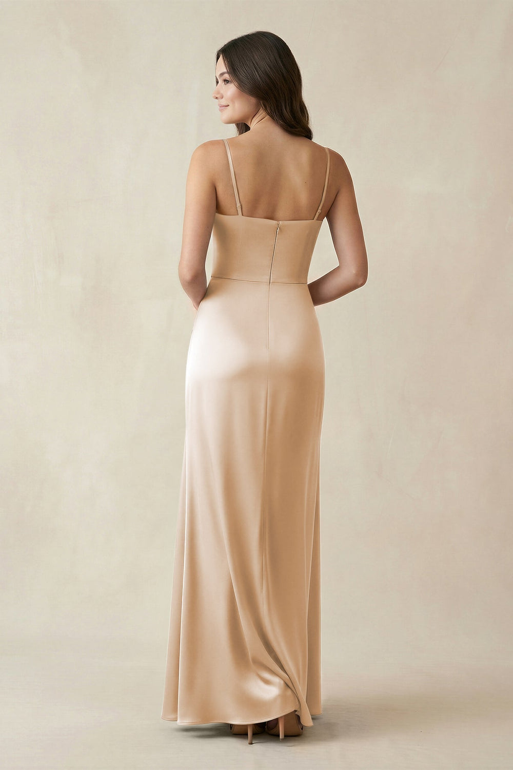 Spaghetti Strap Ruched Sheath Satin Bridesmaid Dress in Golden Champagne