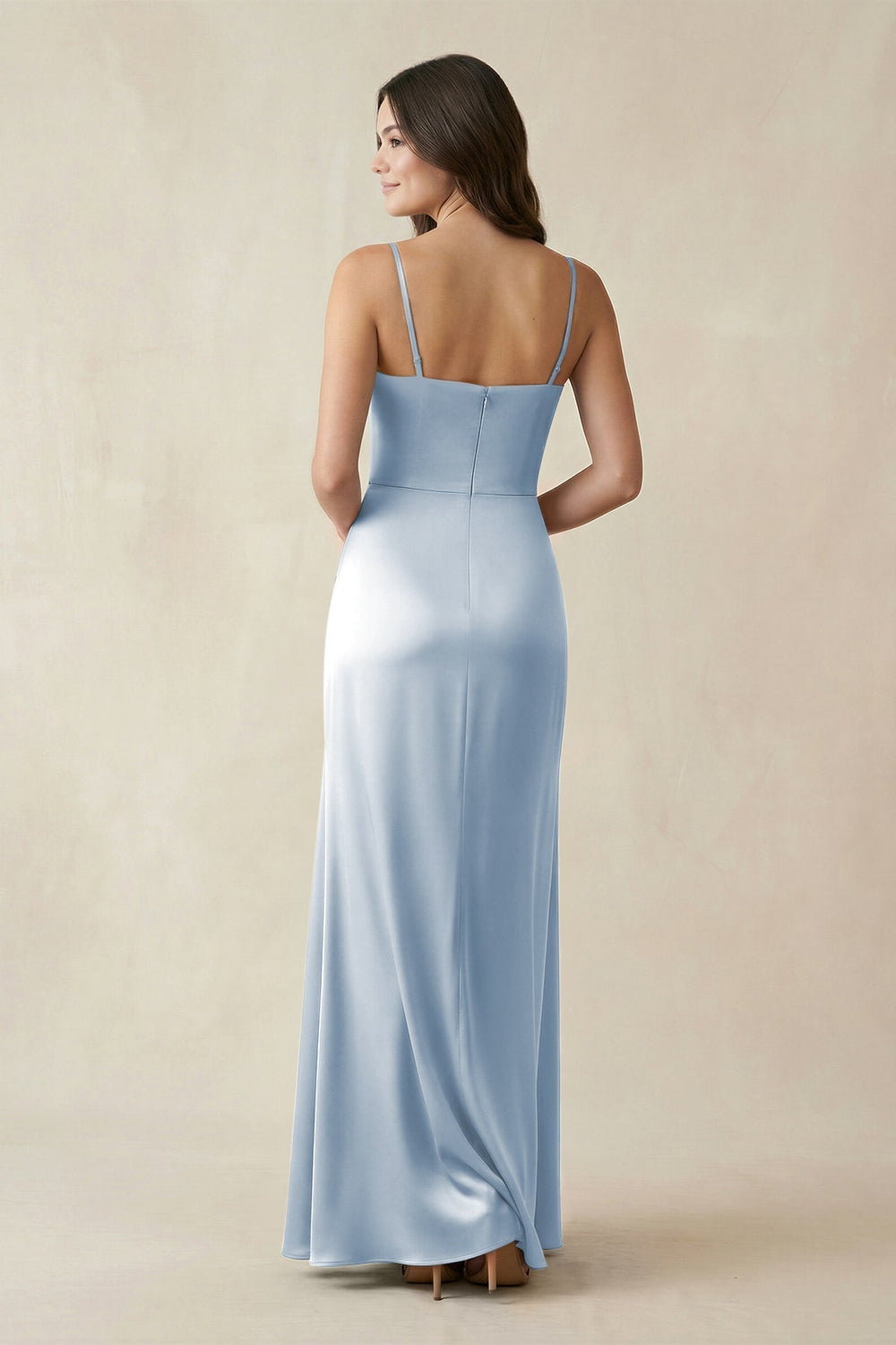 Spaghetti Strap Ruched Sheath Satin Bridesmaid Dress in Ice