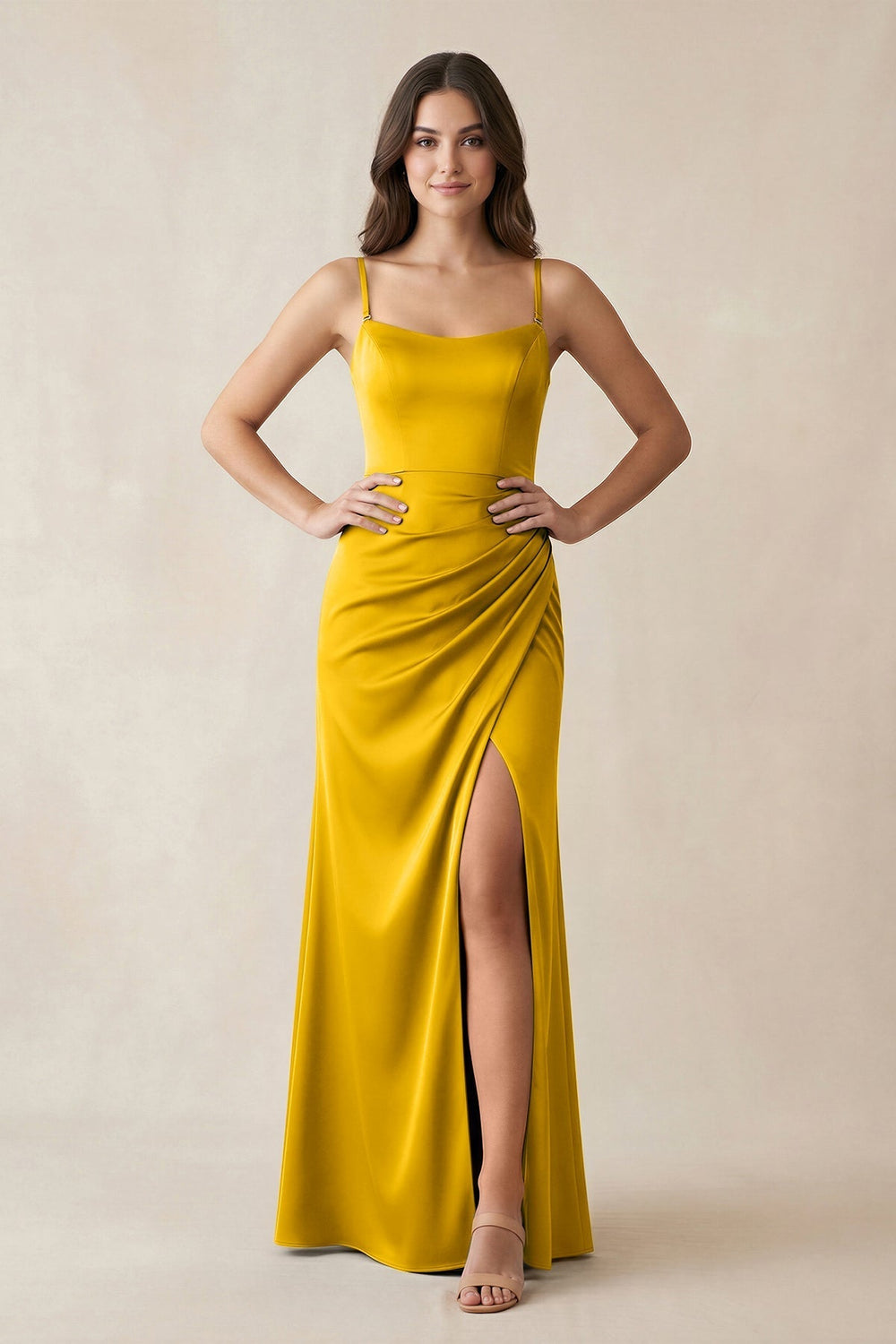 Spaghetti Strap Ruched Sheath Satin Bridesmaid Dress in Marigold