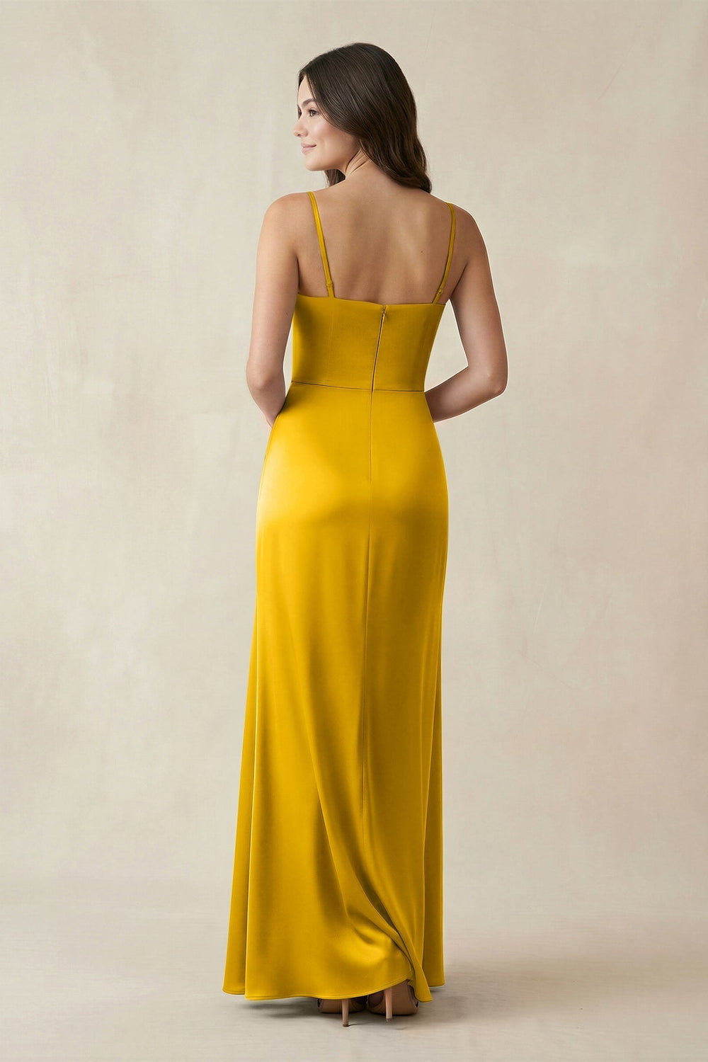 Spaghetti Strap Ruched Sheath Satin Bridesmaid Dress in Marigold