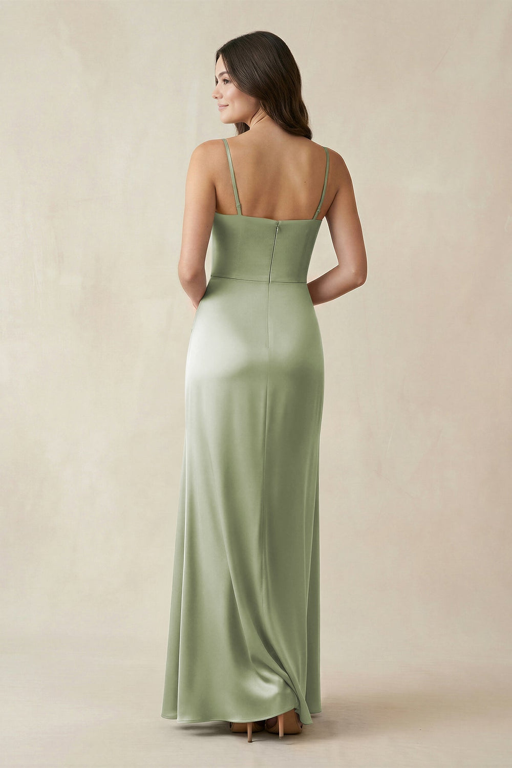 Spaghetti Strap Ruched Sheath Satin Bridesmaid Dress in Matcha