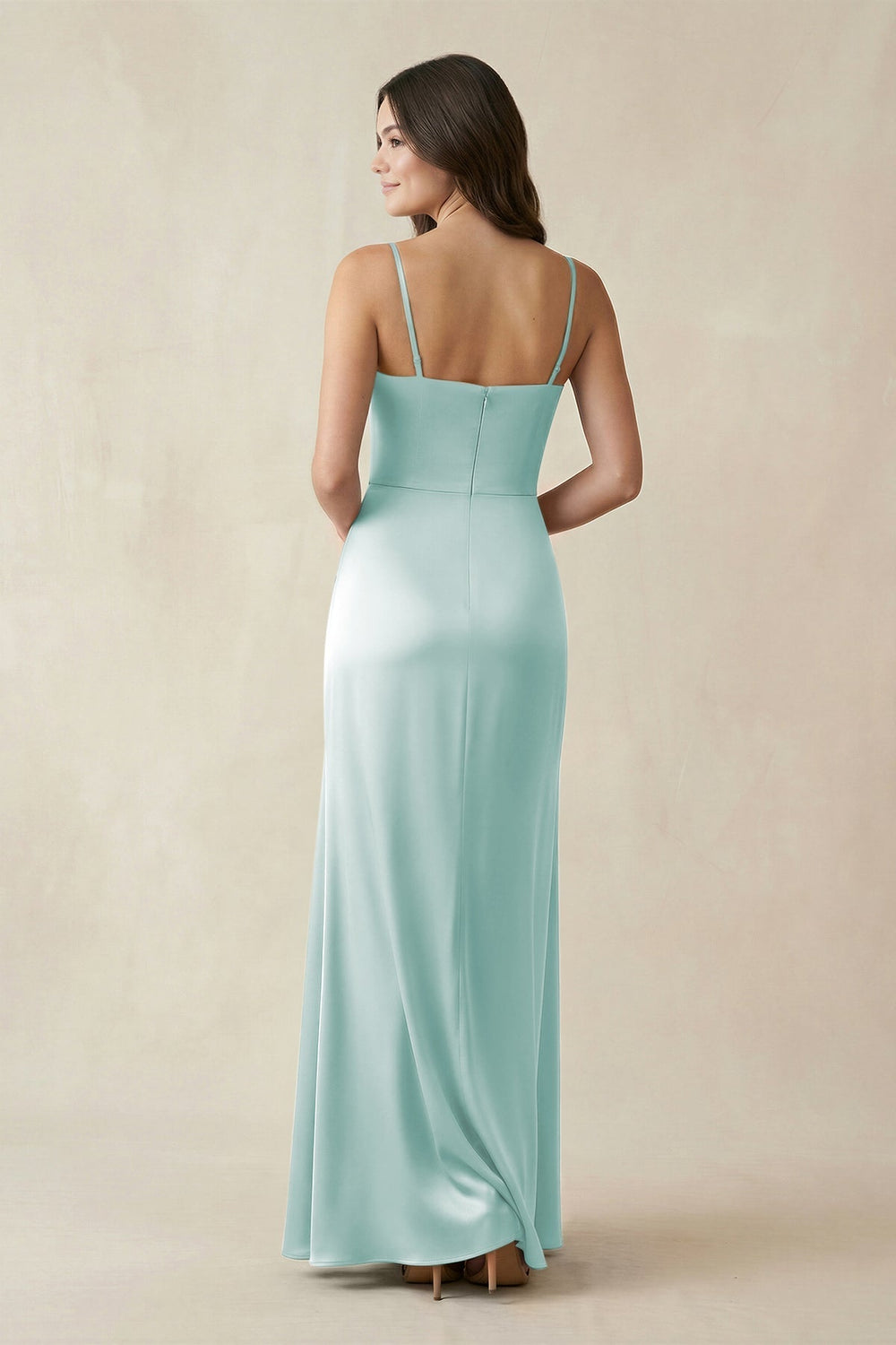 Spaghetti Strap Ruched Sheath Satin Bridesmaid Dress in Mist