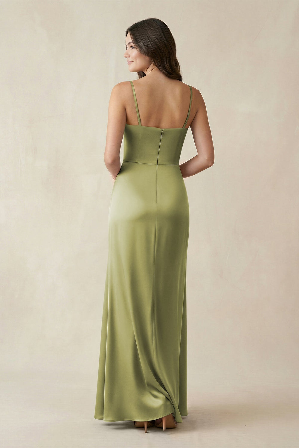Spaghetti Strap Ruched Sheath Satin Bridesmaid Dress in Moss Green