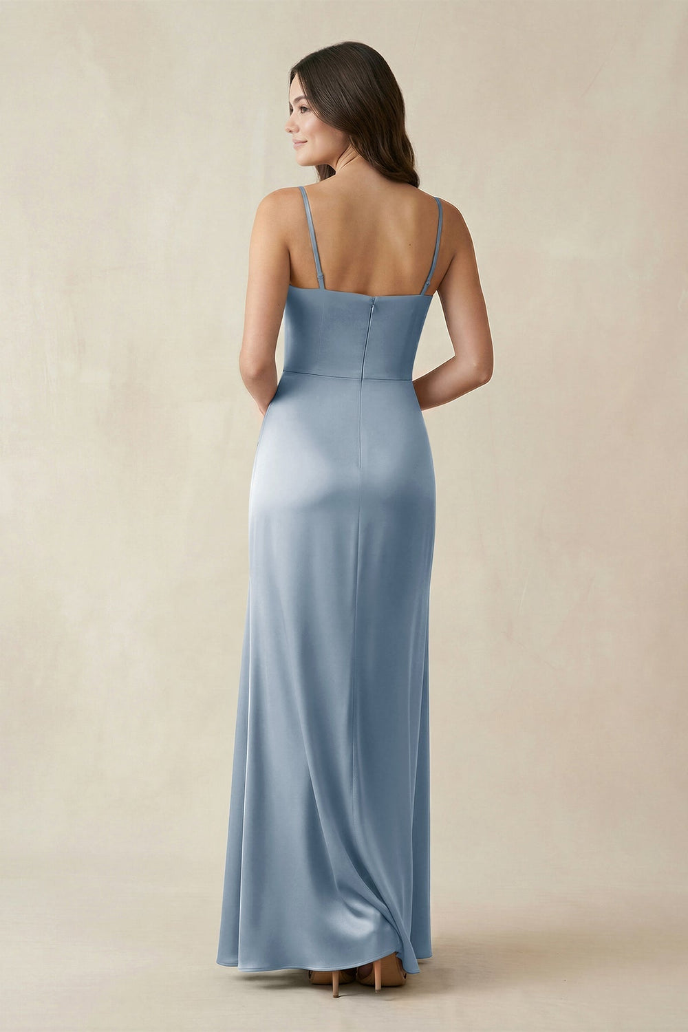 Spaghetti Strap Ruched Sheath Satin Bridesmaid Dress in Neptune