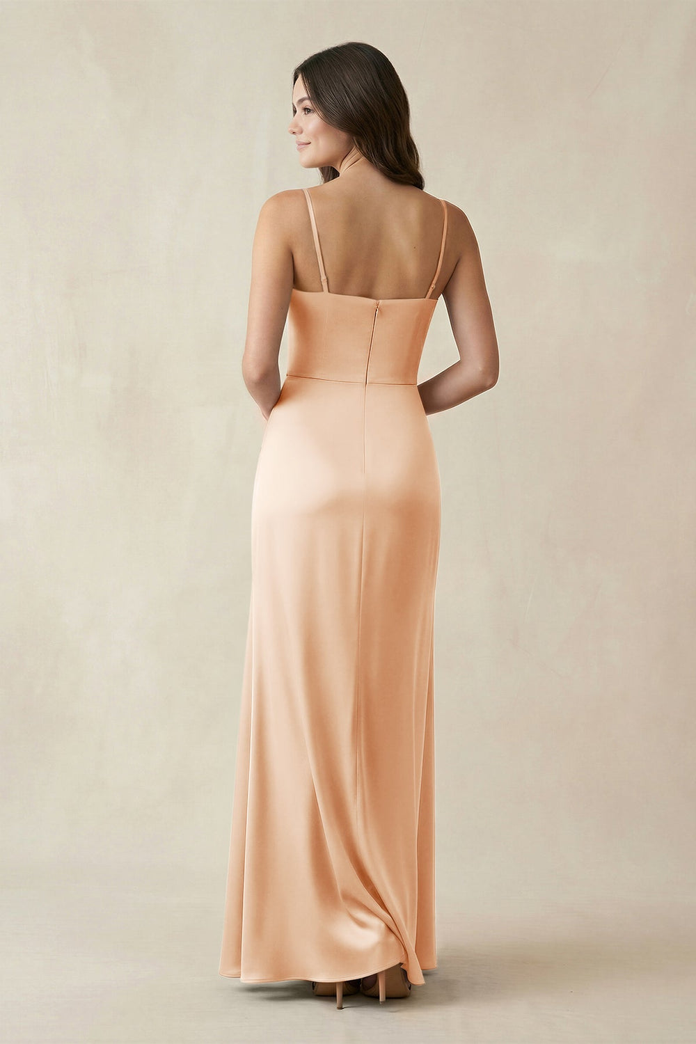 Spaghetti Strap Ruched Sheath Satin Bridesmaid Dress in Pale Blush