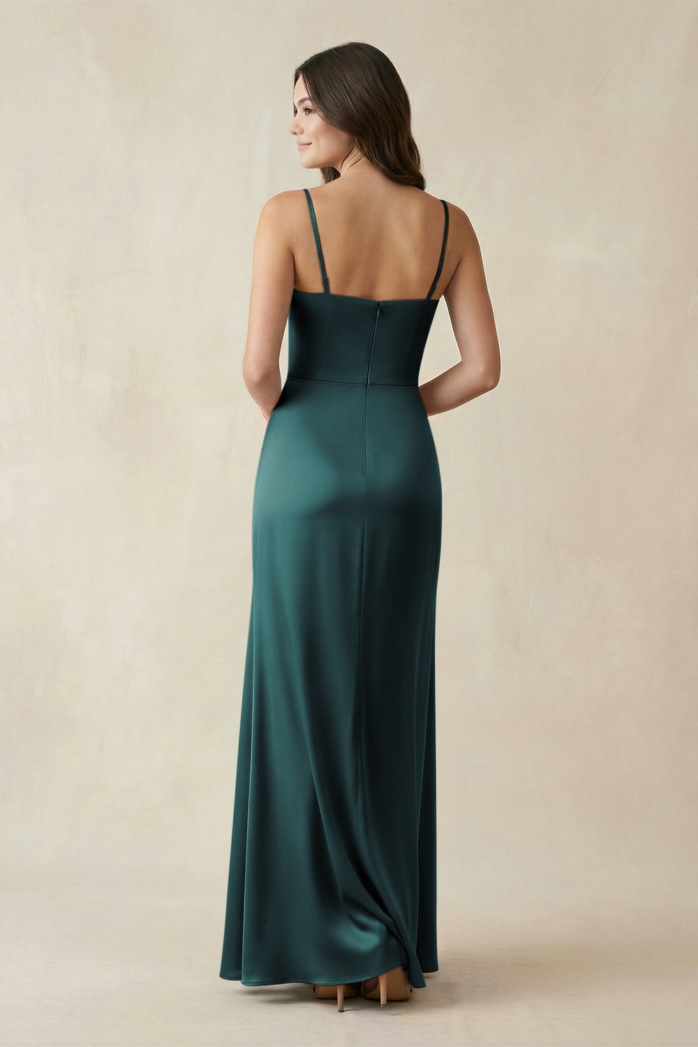 Spaghetti Strap Ruched Sheath Satin Bridesmaid Dress in Pine