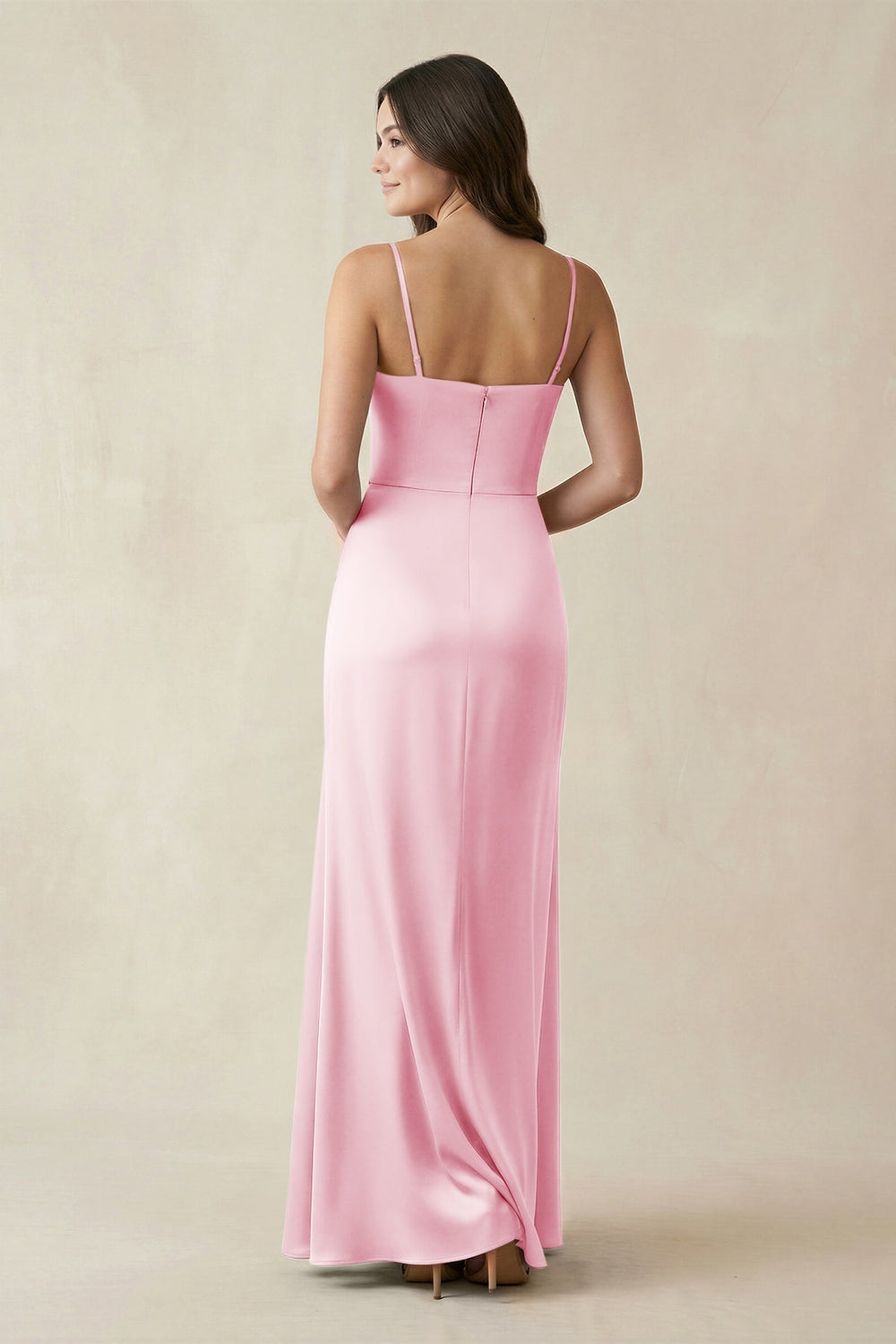 Spaghetti Strap Ruched Sheath Satin Bridesmaid Dress in Pink