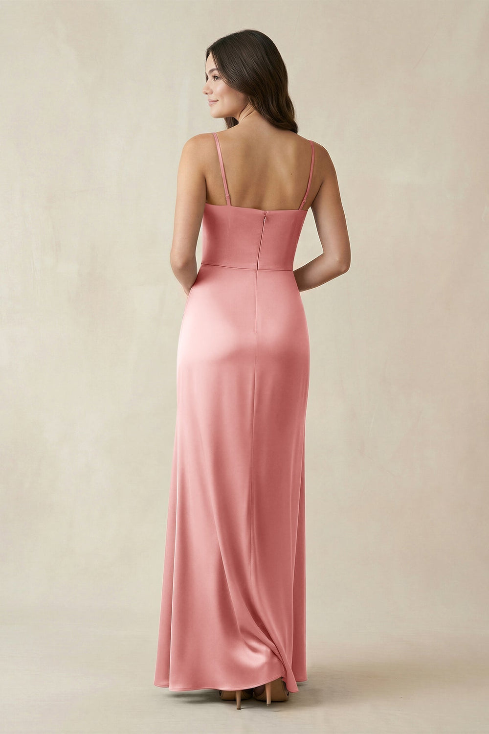 Spaghetti Strap Ruched Sheath Satin Bridesmaid Dress in Rosette