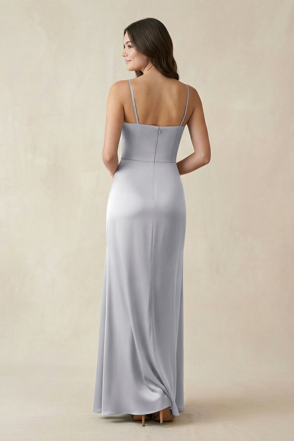 Spaghetti Strap Ruched Sheath Satin Bridesmaid Dress in Silver