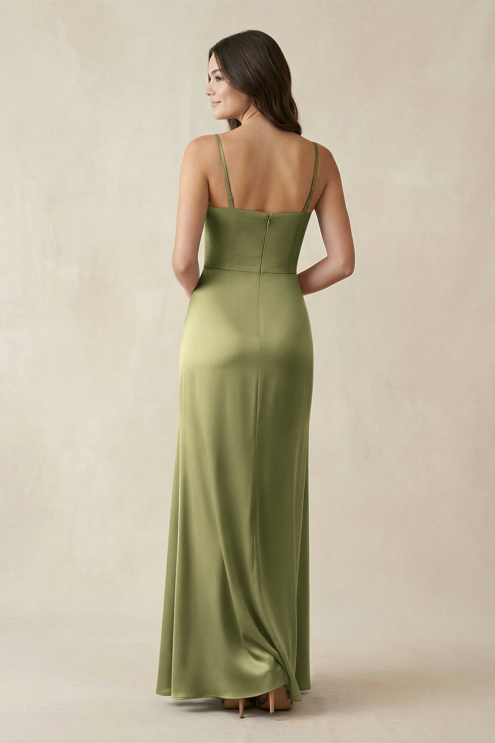 Spaghetti Strap Ruched Sheath Satin Bridesmaid Dress in Thyme