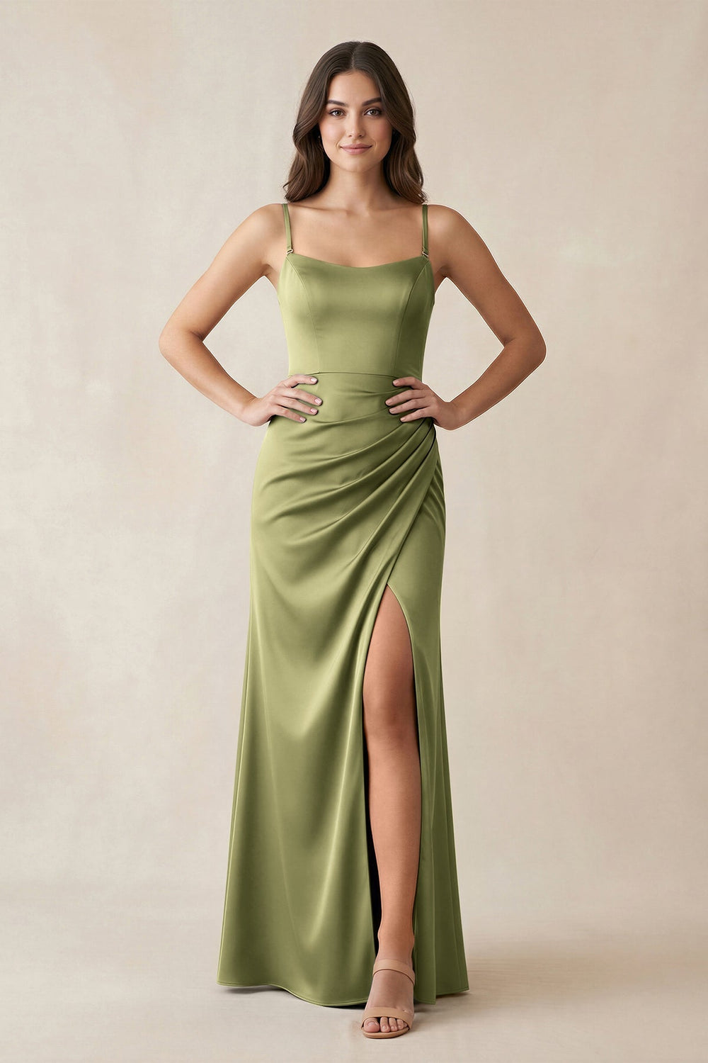 Spaghetti Strap Ruched Sheath Satin Bridesmaid Dress in Thyme