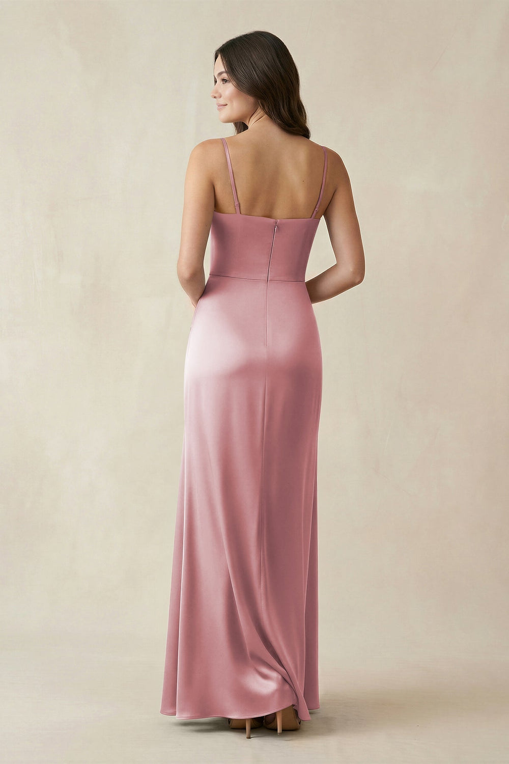 Spaghetti Strap Ruched Sheath Satin Bridesmaid Dress in Toffee