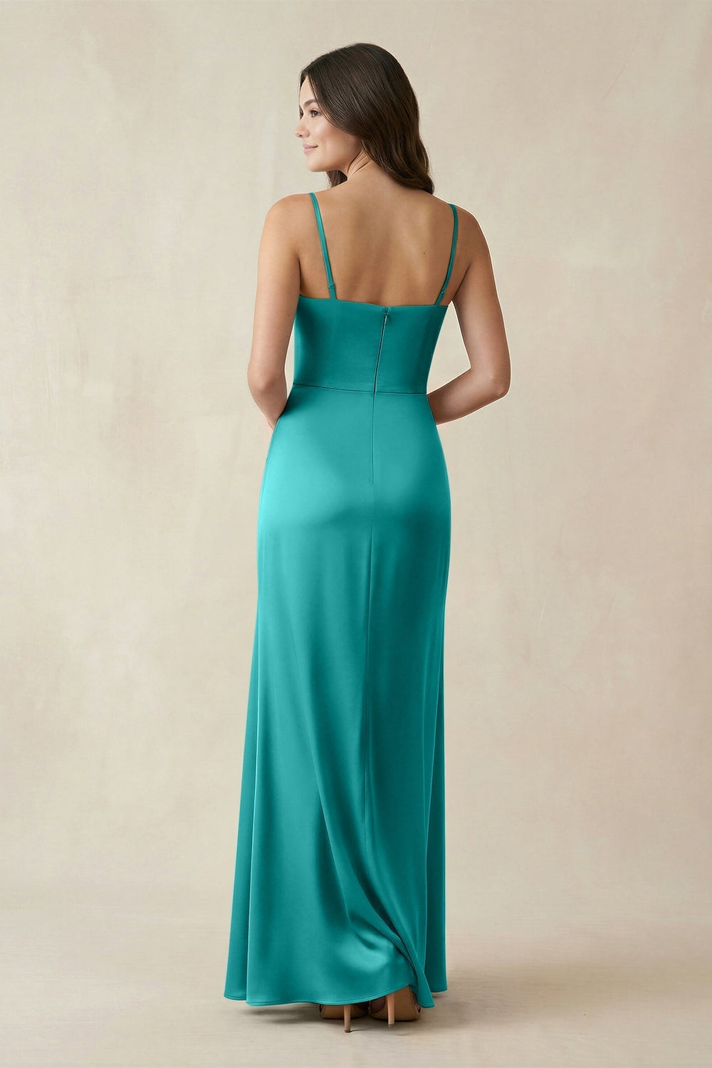 Spaghetti Strap Ruched Sheath Satin Bridesmaid Dress in Turquoise