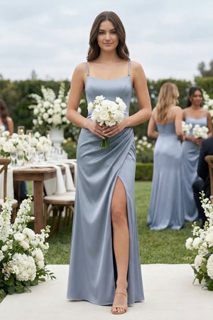 Spaghetti Strap Ruched Sheath Satin Bridesmaid Dress in Twilight - KISS BRIDAL Bridesmaid Dresses