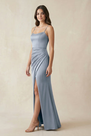 Spaghetti Strap Ruched Sheath Satin Bridesmaid Dress in Twilight - KISS BRIDAL Bridesmaid Dresses
