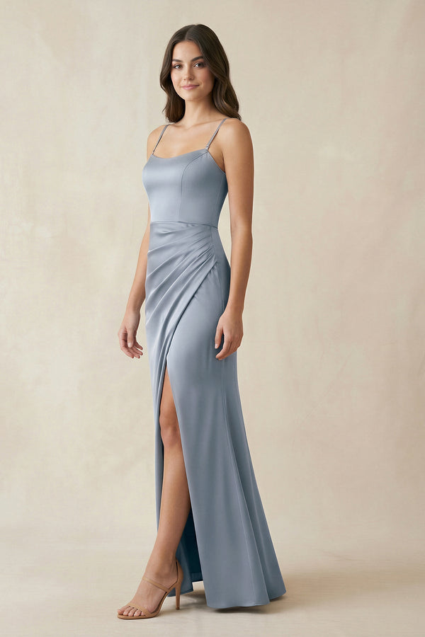 Spaghetti Strap Ruched Sheath Satin Bridesmaid Dress in Twilight - KISS BRIDAL Bridesmaid Dresses
