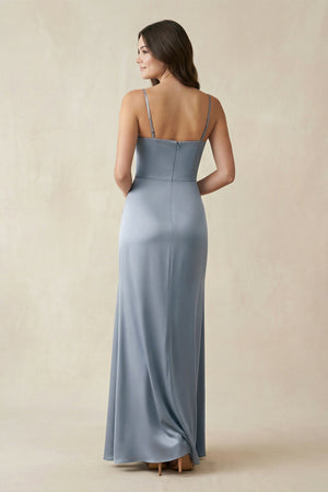 Spaghetti Strap Ruched Sheath Satin Bridesmaid Dress in Twilight - KISS BRIDAL Bridesmaid Dresses