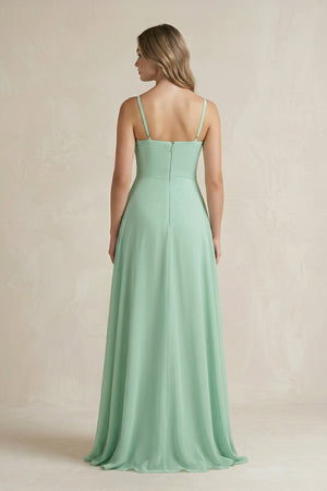 Spaghetti Strap Ruffled A-Line Chiffon Bridesmaid Dress in Pale Pistachio - KISS BRIDAL BRIDESMAID DRESSES