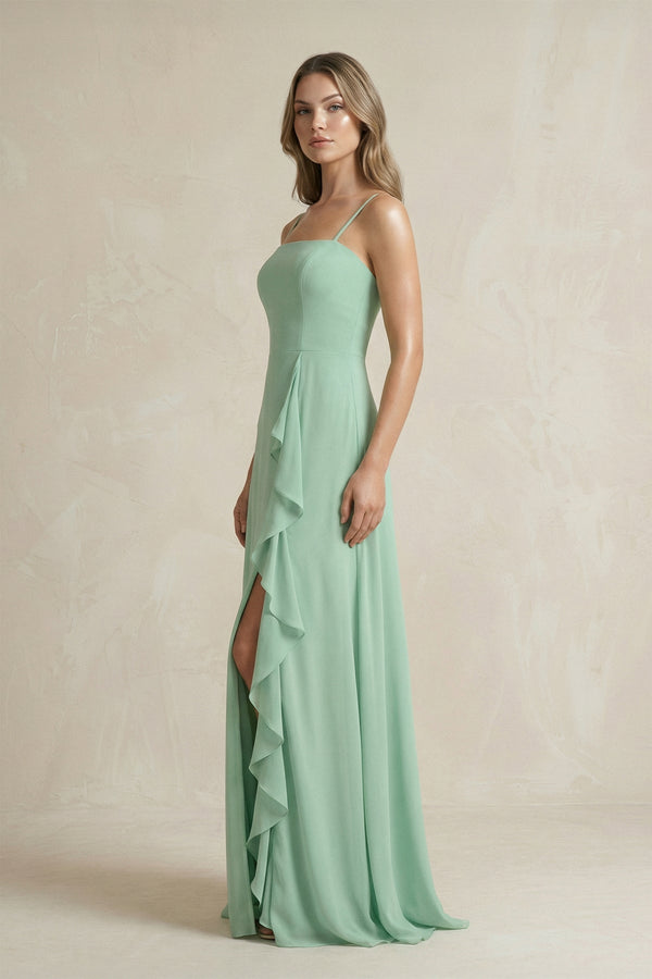 Spaghetti Strap Ruffled A-Line Chiffon Bridesmaid Dress in Pale Pistachio - KISS BRIDAL BRIDESMAID DRESSES