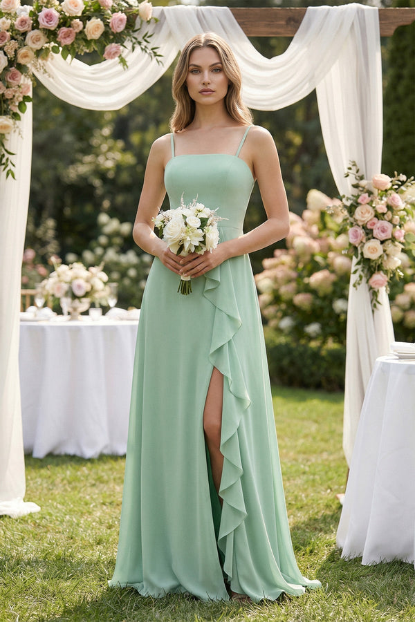 Spaghetti Strap Ruffled A-Line Chiffon Bridesmaid Dress in Pale Pistachio - KISS BRIDAL BRIDESMAID DRESSES