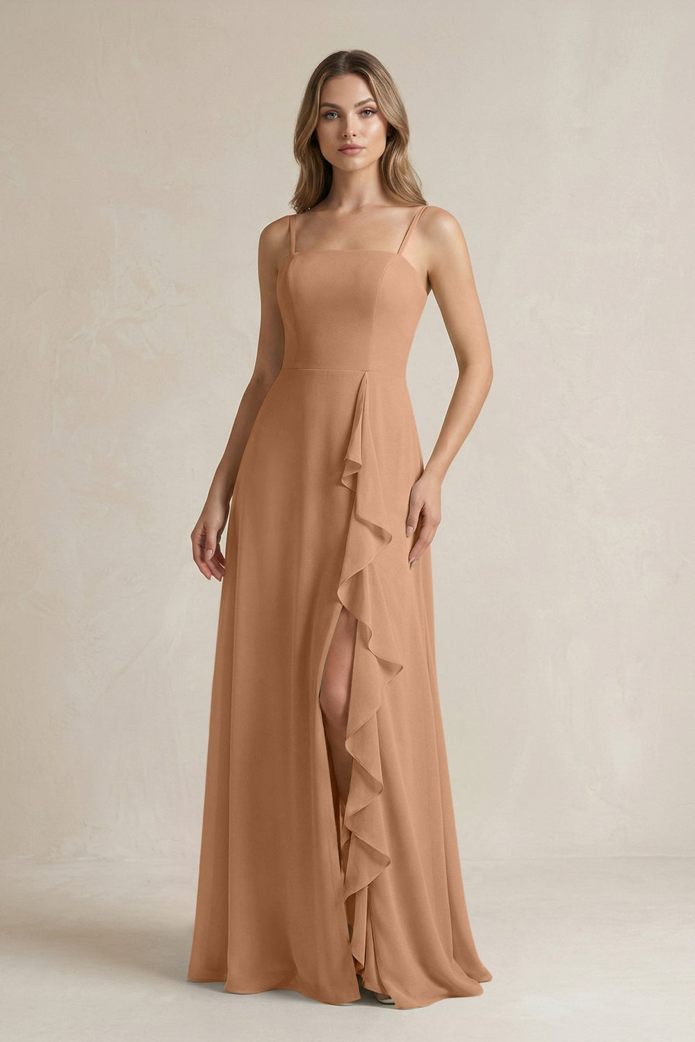 Spaghetti Strap Ruffled A-Line Chiffon Bridesmaid Dress in Bronzer