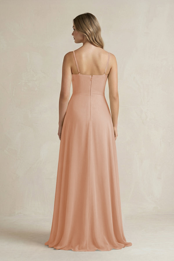 Spaghetti Strap Ruffled A - Line Chiffon Bridesmaid Dress in Champagne Rose - KISS BRIDAL Bridesmaid Dresses