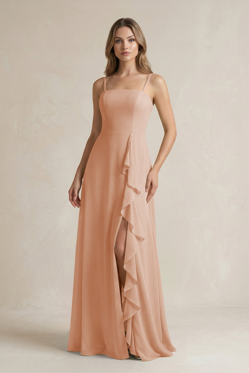 Spaghetti Strap Ruffled A-Line Chiffon Bridesmaid Dress in Champagne Rose