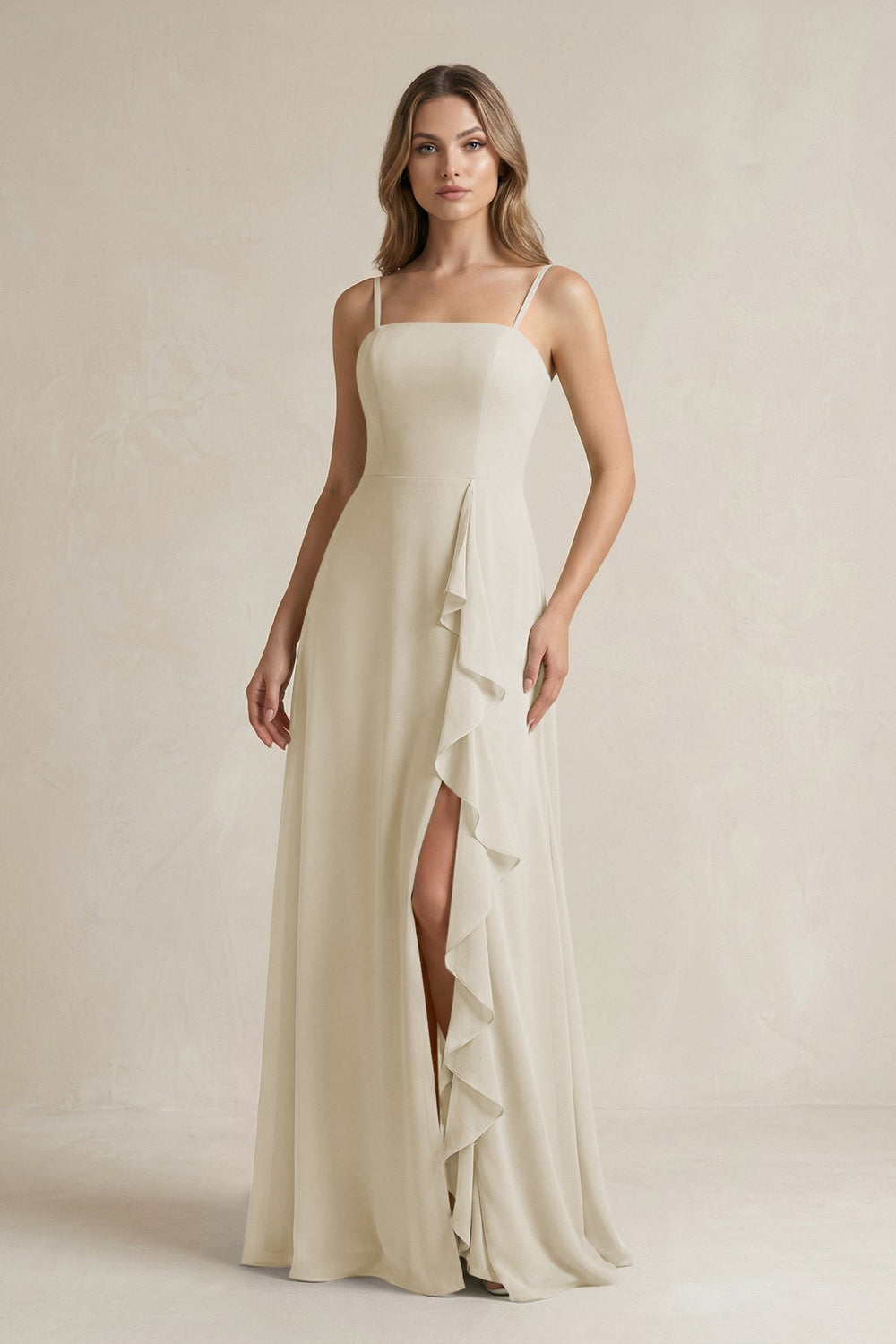 Spaghetti Strap Ruffled A-Line Chiffon Bridesmaid Dress in Dove Gray