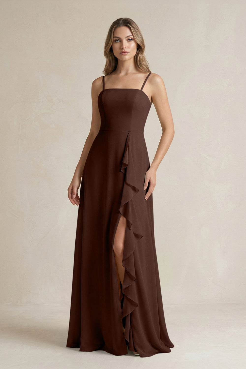 Spaghetti Strap Ruffled A-Line Chiffon Bridesmaid Dress in Espresso