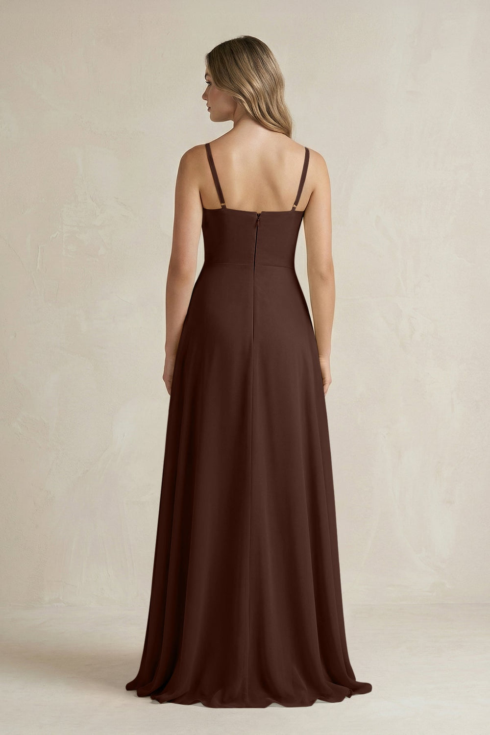 Spaghetti Strap Ruffled A-Line Chiffon Bridesmaid Dress in Espresso